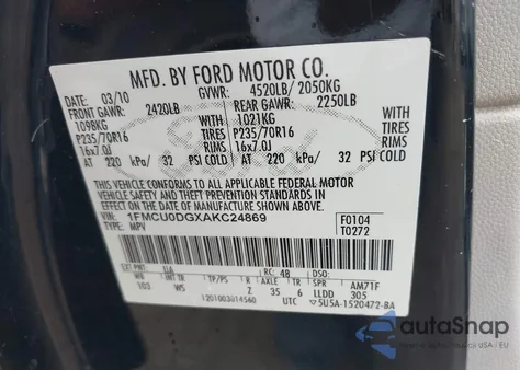 2010 Ford Escape из США, поврежденный, VIN 1FMCUODGXAKC24869